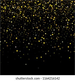 Gold Stars Confetti Christmas Festive Cool Vector Background. VIP Sparkles New Year Birthday Party Decoration. Funky Ads, Sale Banner Falling Down Gold Stars Tetxure. Premium Glitter Holiday Garland