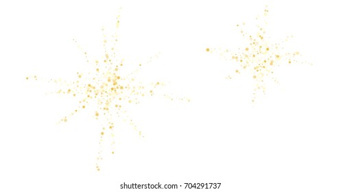 gold stars confetti explosion on white background. magic shining sparkles texture. Vector design element for horizontal card or banner celebration holidays. golden glowing stars, glitter confetti