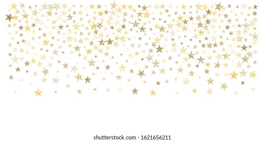 Gold stars confetti falling, Christmas holidays vector background. magic shining Flying stars on night sky and glitter dots cosmic backdrop, sparkle border.