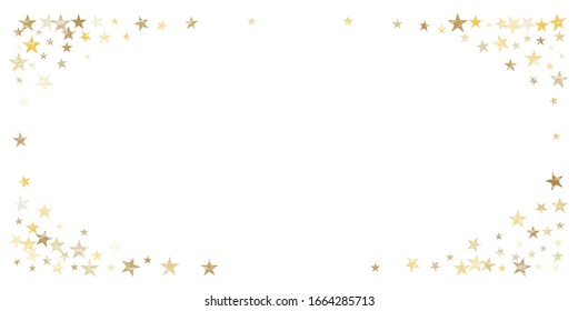 Gold stars confetti falling, Christmas holidays vector background. magic shining Flying stars on night sky and glitter dots cosmic backdrop, sparkle border.