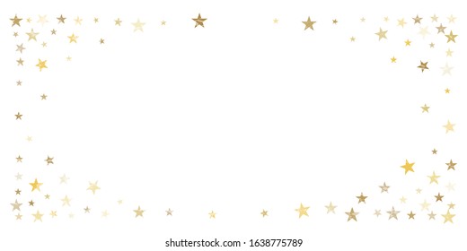 Gold stars confetti falling frame, Christmas holidays vector background. magic shining Flying stars on night sky and glitter dots cosmic backdrop, sparkle border.