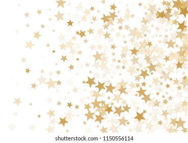 Gold stars confetti falling holidays vector background. Magic shining golden flying stars isolated on white sparkle border. Gold glitter sparkles festive party background graphic design.