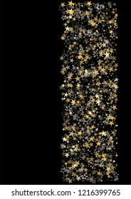 gold stars confetti falling, holidays glitter starry vector background. Flying stars border on night sky, cosmic backdrop, sparkle border. 