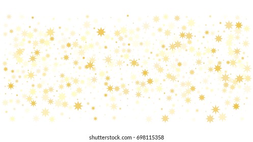 gold stars confetti falling on white background. magic shining sparkles texture. Vector design element for horizontal card or banner celebration holidays. golden glowing stars, glitter confetti