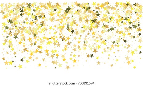 Gold Stars Confetti. Festive Horizontal Wide Background with Fallin Glitter and Sparkles. Celebration New Year, Christmas Garland or Frame. Cosmic Gold Stars Confetti Border, VIP Premium Gold Banner.