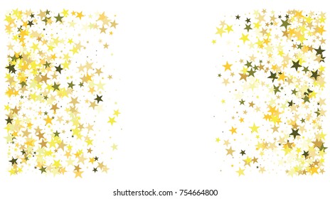 Gold Stars Confetti. Festive Horizontal Wide Background with Fallin Glitter and Sparkles. Celebration New Year, Christmas Garland or Frame. Cosmic Gold Stars Confetti Border, VIP Premium Gold Banner.