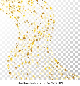Gold Stars Confetti Lines on Transparent Background. Invitation Background. Banner, Greeting Card, Christmas and New Year card, Postcard, Packaging, Textile Print. Beautiful Starry Sky