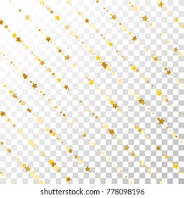 Gold Stars Confetti Lines on Transparent Background. Invitation Background. Banner, Greeting Card, Christmas and New Year card, Postcard, Packaging, Textile Print. Beautiful Starry Sky