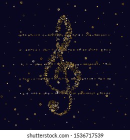 Gold stars confetti. Luxury shiny little random stellar falling  on black  background. Treble clef of little shining stars. New Year and Christmas background.  Vector illustration.