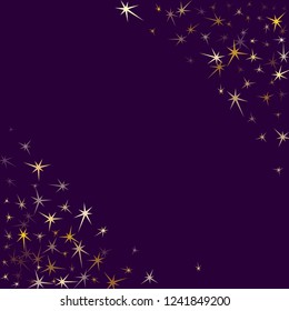Gold stars confetti on dark violet. Geometric metallic starburst vector background. Cool star dust sparkles success symbols. New Year celebrate decoration graphic design.