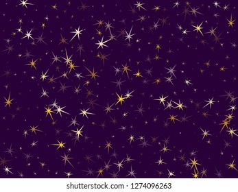 Gold stars confetti on dark violet. Geometric metallic tinsels vector background. Bright star sparkles wallpaper. Christmas decoration graphic design.