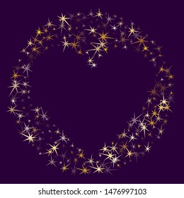 Gold stars confetti on ultra violet. Geometric metallic twinkle vector background. Magic star sparkles holiday pattern. Xmas card decoration graphic design.