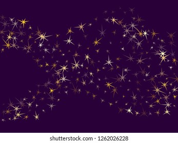 Gold stars confetti on violet. Geometric metallic starry vector background. Magic star sparkles party poster backdrop. Galaxy objects decoration graphic design.