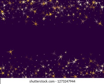 Gold stars confetti on violet. Geometric metallic tinsels vector background. Elegant star sparkles birthday pattern. Space objects decoration graphic design.