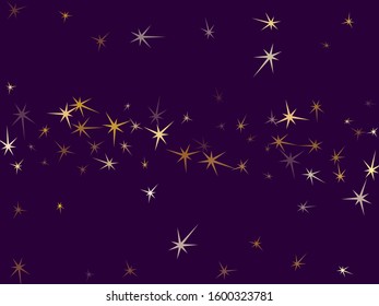 Gold stars confetti on violet. Geometric metallic twinkle vector background. Abstract star sparkles birthday print. Space objects decoration graphic design.