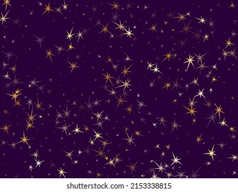 Gold stars confetti on violet. Geometric metallic twinkle vector background. Elegant star sparkles birthday pattern. Fireworks flying elements decoration graphic design.