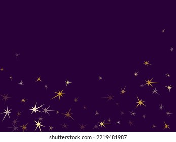 Gold stars confetti on violet. Geometric metallic starburst vector background. Cute star dust sparkles success symbols. Fireworks flying elements decoration graphic design.