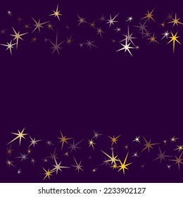 Gold stars confetti on violet. Geometric metallic starry vector background. Carnival star sparkles celebration backdrop. Sky objects decoration graphic design.