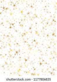 Gold stars confetti on white. Geometric metallic twinkle vector background. Abstract star sparkles birthday pattern. Xmas card decoration graphic design.