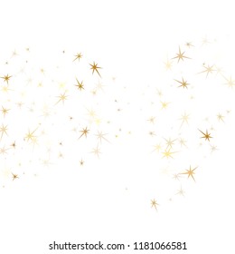 Gold stars confetti on white. Geometric metallic starburst vector background. Elegant star sparkles celebration backdrop. Xmas card decoration graphic design.