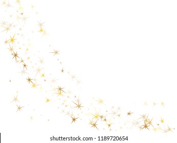 Gold stars confetti on white. Geometric metallic starburst vector background. Cute star dust sparkles success symbols. Sky objects decoration graphic design.