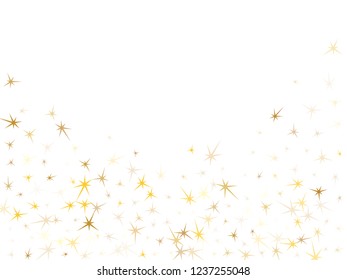 Gold stars confetti on white. Geometric metallic starry vector background. Abstract star sparkles birthday print. New Year celebrate decoration graphic design.