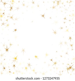 Gold stars confetti on white. Geometric metallic starburst vector background. Stylish star sparkles banner print. Sky objects decoration graphic design.