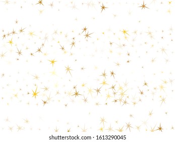 Gold stars confetti on white. Geometric metallic starburst vector background. Light star sparkles success symbols. New Year celebrate decoration graphic design.