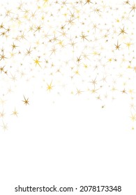 Gold stars confetti on white. Geometric metallic twinkle vector background. Elegant star sparkles celebration print. Galaxy objects decoration graphic design.