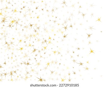 Gold stars confetti on white. Geometric metallic starburst vector background. Glossy star sparkles banner backdrop. Sky objects decoration graphic design.