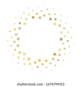 Gold stars confetti round frame, circle holidays vector background. Christmas lights circle golden sparkles. Magic shining Flying stars glitter cosmic backdrop, vector border.