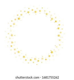 Gold stars confetti round frame, circle holidays vector background. Christmas lights circle golden sparkles. Magic shining Flying stars glitter cosmic backdrop, vector border.