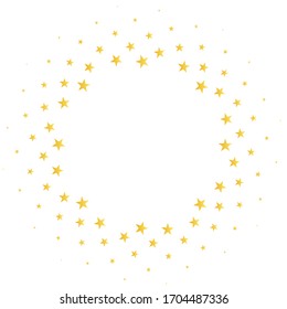 Gold stars confetti round frame, circle holidays vector background. Christmas lights circle golden sparkles. Magic shining Flying stars glitter cosmic backdrop, vector border.