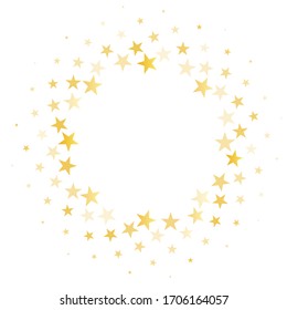 Gold Stars Confetti Round Frame, Circle Holidays Vector Background. Christmas Lights Circle Golden Sparkles. Magic Shining Flying Stars Glitter Cosmic Backdrop, Vector Border.