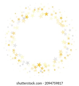 Gold stars confetti round frame. Winter gold and silver wreath background. Vector illustration