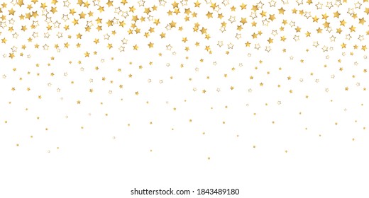 Gold stars confetti. Seamless horizontal pattern random starry fall. Luxury shiny little random stellar falling on white background. New Year and Christmas background. Vector illustration.