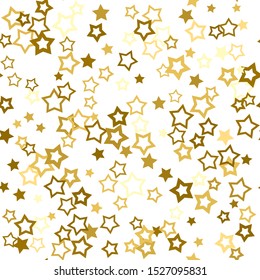 Gold stars confetti. Seamless pattern random starry fall. Luxury shiny little random stellar falling  on white background. New Year and Christmas background.  Vector illustration.