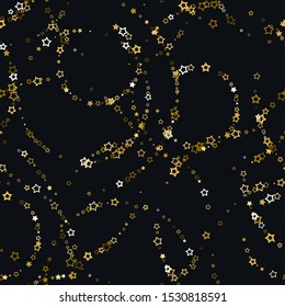 Gold stars confetti. Seamless pattern random starry fall. Luxury shiny little random stellar falling  on black background. New Year and Christmas background.  Vector