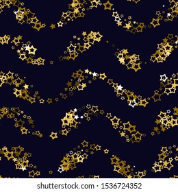 Gold stars confetti. Seamless pattern random starry fall. Luxury shiny little random stellar falling  on black background. New Year and Christmas background.  Vector