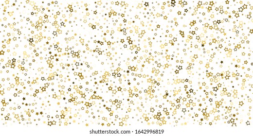 Gold stars confetti. Seamless pattern random starry fall. Luxury shiny little random stellar falling  on white background. New Year and Christmas background.  Vector illustration.