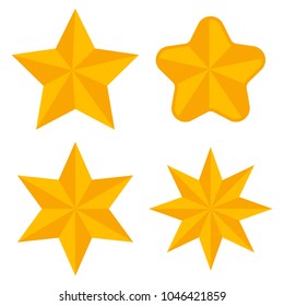 Gold stars of different shapes vector flat icon set isolated on white background.