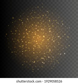 Gold stars and dust. Vector transparent glow light effect. 