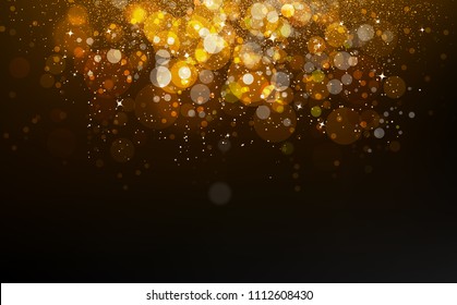 Gold stars falling confetti, dust, glowing particles scatter glitter blinking shine sparkle celebration award abstract background vector illustration