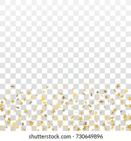 Gold stars falling confetti frame isolated on transparent background. Golden abstract pattern Christmas, New Year holiday celebration, festive, party. Glitter explosion on floor Vector illustration