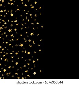 Gold stars falling confetti isolated on black background. Golden abstract random pattern Christmas card, New Year holiday. Shiny confetti paper stars. Glitter explosion Vector illustration