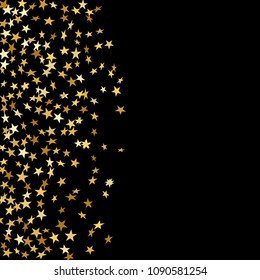 Gold stars falling confetti isolated on black background. Golden abstract random pattern Christmas card, New Year holiday. Shiny confetti paper stars. Glitter explosion Vector illustration