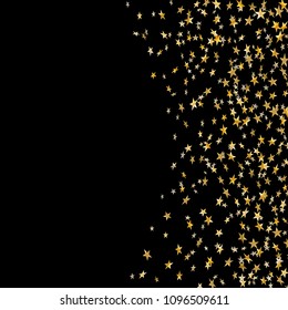 Gold stars falling confetti isolated on black background. Golden abstract random pattern Christmas card, New Year holiday. Shiny confetti paper stars. Glitter explosion Vector illustration