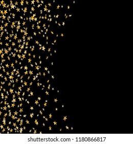 Gold stars falling confetti isolated on black background. Golden abstract random pattern Christmas card, New Year holiday. Shiny confetti paper stars. Glitter explosion Vector illustration
