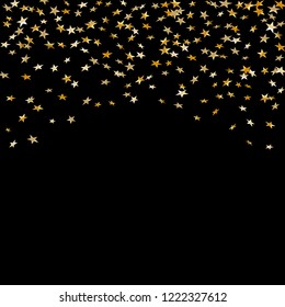 Gold stars falling confetti isolated on black background. Golden explosion confetti. Abstract decoration. Holiday stars for Christmas festive party. Shiny paper glitter Vector illustration