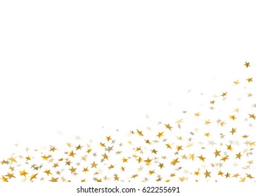 Gold stars falling confetti isolated on white background. Golden abstract rain confetti. Decoration sparkle explosion festive, celebration party. Holiday design stars on floor Vector illustration